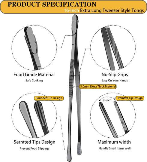 JETKONG 2 Pcs 16-Inch Heavy Duty Plating Tongs, Extra-Long Kitchen Fine Tongs Large Stainless Steel Cooking Forceps (Black) by JETKONG