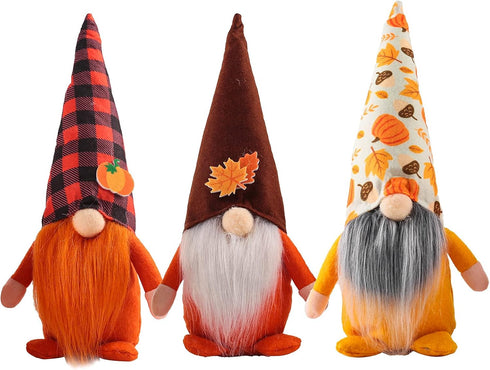 3 Pcs Fall Decoration Gnomes Plush Elf Doll Figurine with Pumpkin and Autumn Maple Leaves for Thanksgiving
