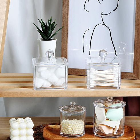 Modern Square Acrylic Qtip Holder | Bathroom Vanity Countertop Storage Organizer for Cotton Swabs and Makeup Sponges