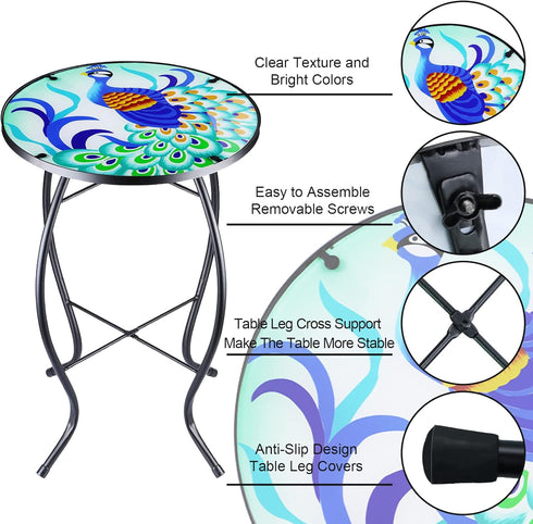12 Inch Arbuxzuy Small Outdoor Side Table with Colorful Peacock, Glass Mosaic Patio Table Indoor, Round Plant Coffee