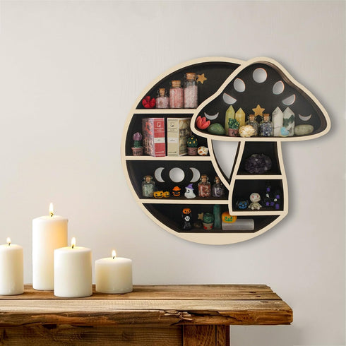 Cute Mushroom Decor, Wooden Mushroom Floating Shelves for Wall, Moon Shelf Wall Decor Crystal Rock Gem Stone Display