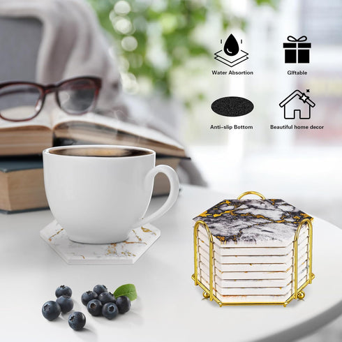 Coasters,Set 8 Gold Marble of Drink Coasters for Anniversary, Office,Geichan Ceramic Bar Coasters Cute Dining Coffee