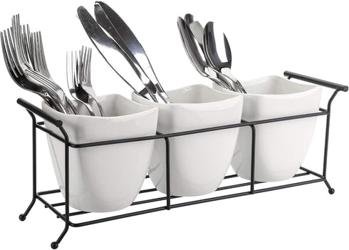 Bekith 3-Piece Ceramic Flatware Caddy with Metal Rack, White Utensil Holder Cutlery Organizer