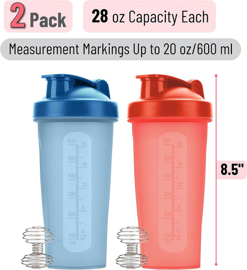 Mr. Pen Shaker Bottles for Protein Mixes, 28 oz, 2 Pack, Red and Blue, Protein Shaker Bottle with Wire Whisk Ball