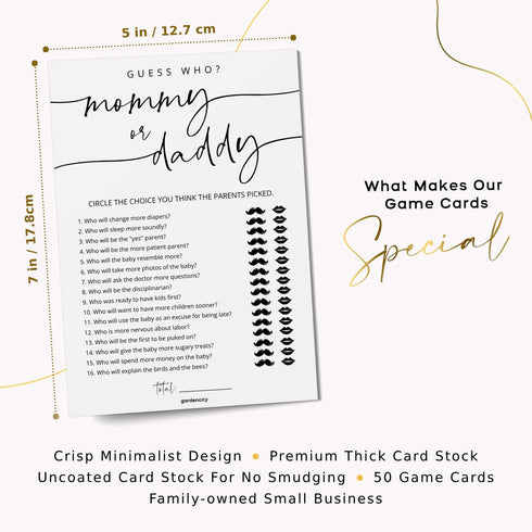 50 Mommy GardenCity or Daddy? Baby Shower Game Cards, Fun Baby Shower Games for Boy or Girl, Gender Neutral