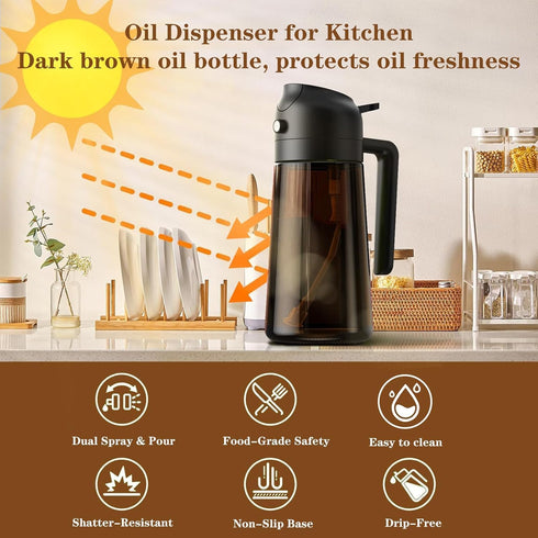 2 1 16oz 470ml OURCABECUE Kitchen Upgraded Made Oil Sprayer for Cooking, Dark Brown in Spray and Pour Mist Olive Oil