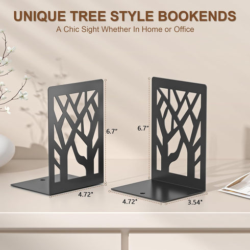 4-Piece VFINE Modern Metal Bookends for Shelves, Black Tree Book Ends for Books, Decorative Book Organizer for Desk