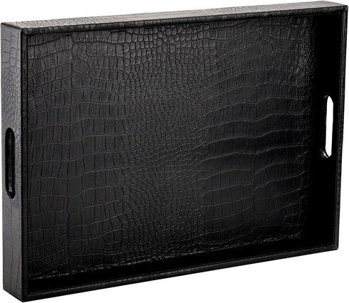 Lyellfe Black Serving Tray with Handles, Decorative Ottoman Tray in Alligator Faux