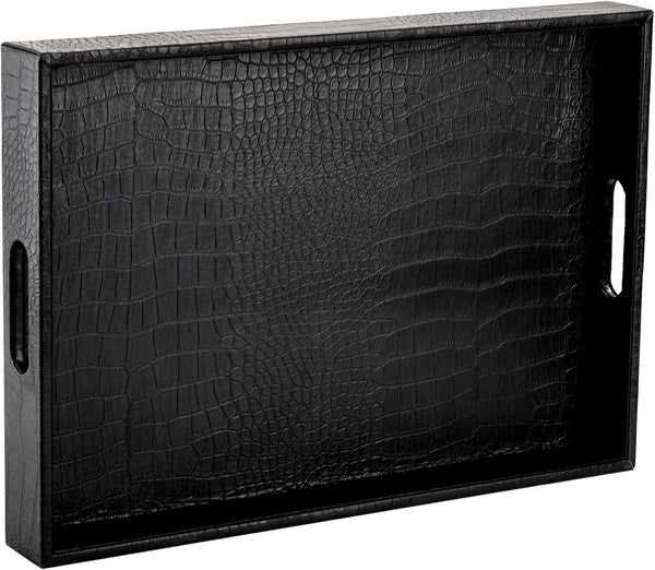 Lyellfe Black Serving Tray with Handles, Decorative Ottoman Tray in Alligator Faux