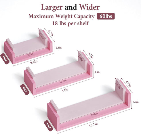 SRIWATANA Pink Solid Wood Floating Shelves for Wall Mounting