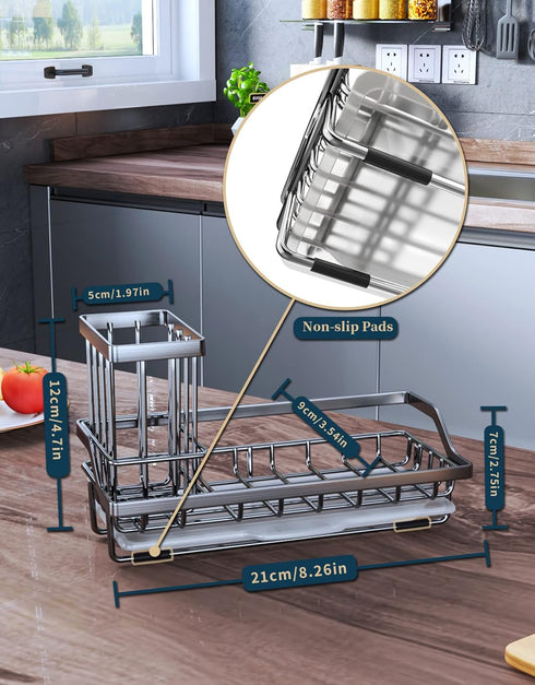 Consumest Sink Caddy - Kitchen Sponge Holder & Dish Brush Holder with Drip Tray, Stainless Steel Rustproof - Silver