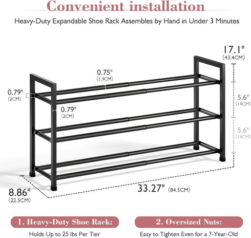3-Tier Closet, 18-33 Bumusty Expandable Shoe Rack for Adjustable Shoe Rack for Small Space, Small Shoe Organizer