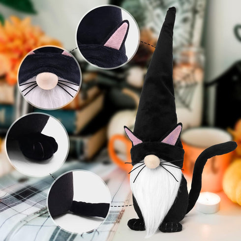 Upltowtme Black Cat Gnome Plush, 13.5" Handmade Scandinavian Tomte Figurine for Spring Farmhouse Decor, Gift for Cat
