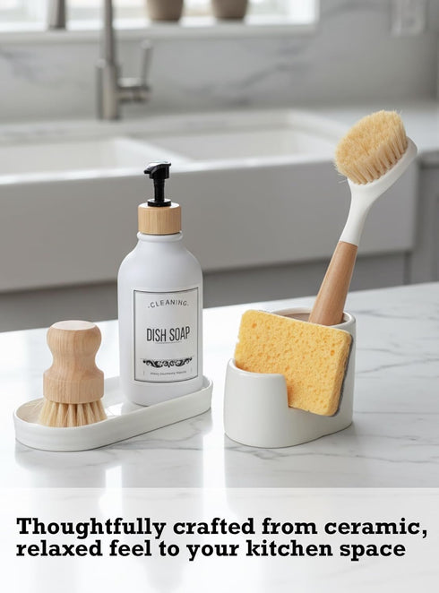 2-in-1 Countertop Countertops Ceramic Sponge Holder for Kitchen Sink, Sponge & Brush Organizer, Compact Sink Caddy
