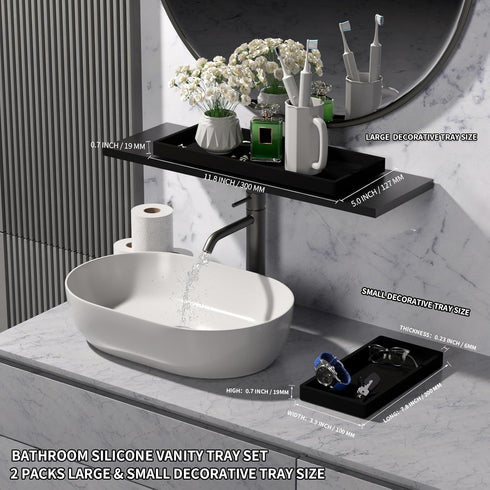 BBK Bathroom Vanity Tray, 2 Pack Silicone Bathroom Tray for Counter, Perfume Key Trinket Ring Tray, Black