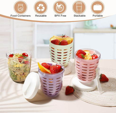 Fruit Salad Storage Cup with Lids and Fork, 20 Oz Plastic Airtight Containers for Fridge, BPA-Free, Reusable