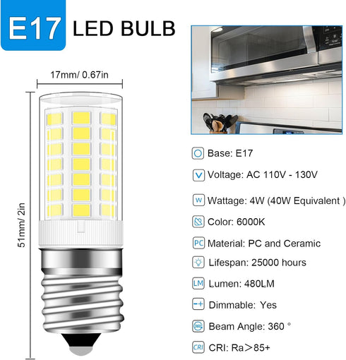 Kei D28x Kel 2816x Refrigerator Bulb 4W E17 LED Freezer Light Bulb Replacement, Dimmable E17 Intermediate Base Cool