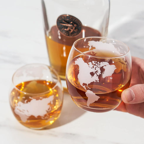 Set of 2 Viski Globe Glass Whiskey Tumblers, 10 oz, Etched Glass Whiskey Enthusiast Gift and Glassware Accessory