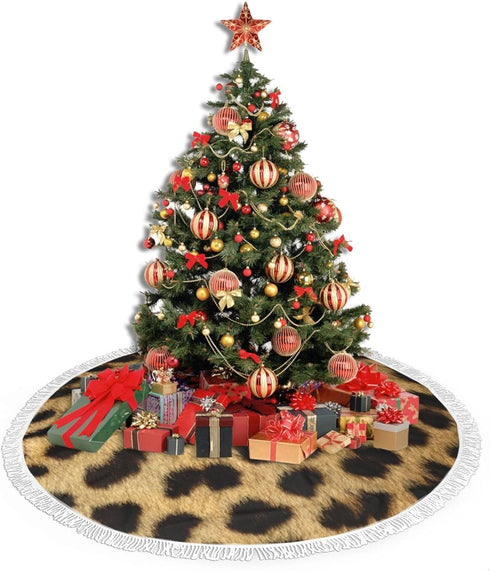 Christmas Tree Skirt 48" Inch Leopard Animal Print Xmas Tree Skirt Mat with White Tassel for Holiday Decorations