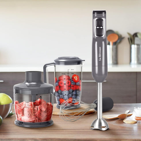 La Reveuse Handheld Immersion Blender, 3 in 1, 300 Watts with Whisk, Mixing Beaker, Food Chopper Attachments