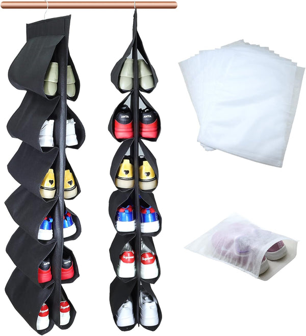asoqwal 2 Pack 12 Large Pockets Hanging Shoe Organizer for Closet with Roating