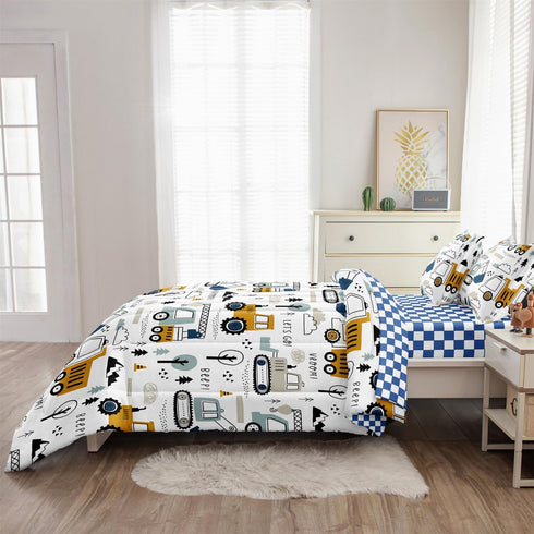 Leaflin 4-Pcs Set, Set Sets Construction Twin Size Boys Bedding Kids Comforter for Teens w/Sheets and Pillowcase, Soft