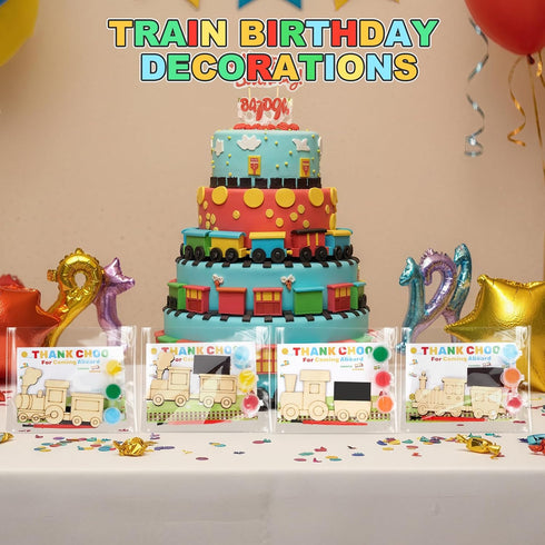 24 Set Train Party Favors, Train Birthday Party Supplies, Wood Trains Painting Crafts Kits, Magnets with Card