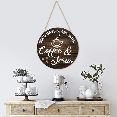 HMASYO Wood Coffee Signs, Good Days Start with Coffee & Jesus, Farmhouse Wall Sign Decor for Kitchen, 12'' x 12''