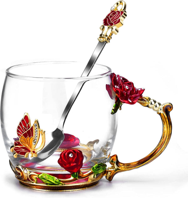 OEAGO Butterfly Rose Glass Coffee Mug Set for Mom - Lead-Free Enamel, Perfect Birthday & Mother's Day Gift from