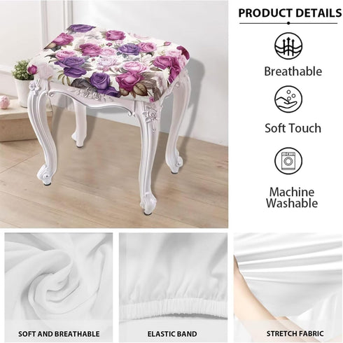 2 Pack Pink Purple Rose Rectangle Stool Cover Bar Stool Covers Rectangle Stretch Vanity Stool Seat Covers Footstool
