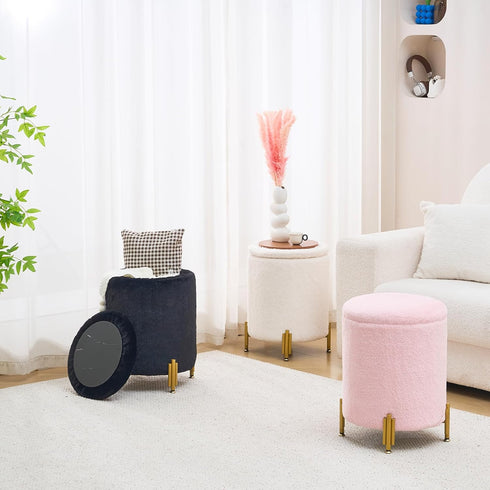 300lbs Mxfurhawa Round Ottoman Foot Stool with Storage and Metal Legs for Living Room Bedroom, Velvet Upholstered