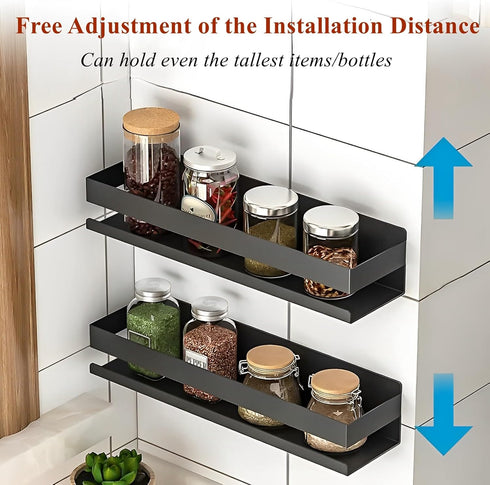 Floating Shelves Wall Mounted, Rustproof Stainless Steel Bathroom Shelf, Black Nail-Free Kitchen Spice Rack, Adhesive