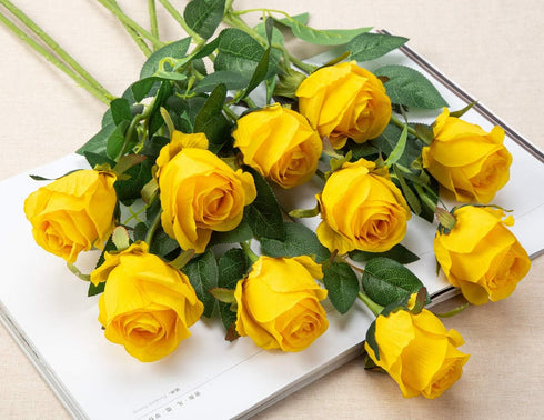 Flojery 10pcs Artificial Rose Flowers, Long Stem Fake Silk Roses for DIY Wedding Bouquet & Home Decor (Yellow)