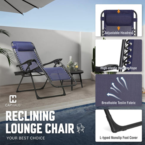 300LB CAPHAUS Blue Zero Gravity Chair, Recliner, Lounge Chair, Folding Chair with Side Tray, Metal, Textilene Fabric