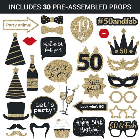 Fully Assembled 50th Birthday Photo Booth Props - Set of 30 - Cute Bday Designs with Real Glitter - Black & Gold Selfie