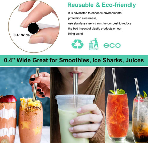 Vinaco Stainless Steel Smoothie Straws, 0.4'' Extra Wide Reusable Metal Drinking Straws, Set of 4 with Cleaning Brush