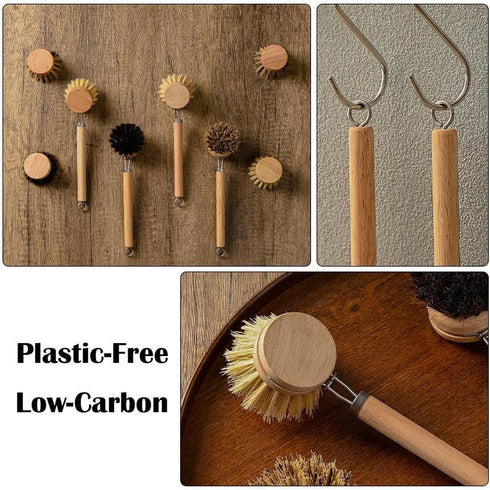 SUPRNN 1 3 Bamboo Dish Brush with Handle, Sturdy Wooden Handle with Natural Bristle Heads, Horsehair, Sisal, Palm - All