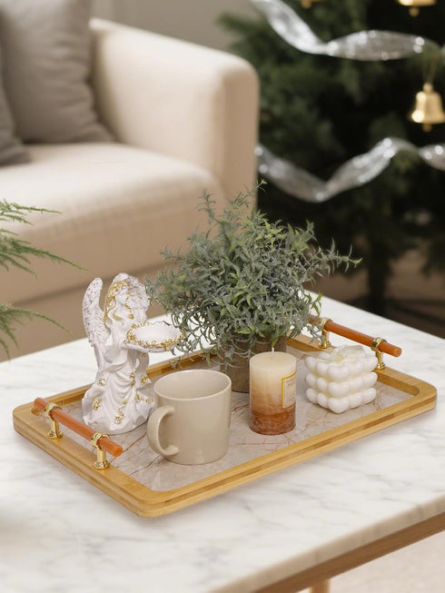 16" 12" JUPELI x Bamboo Serving Tray with Handles Marble Pattern Decorative Rectangle Tray for Coffee Table, Kitchen