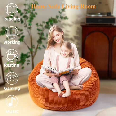 Large Stuffed Animal Storage Bean Bag Chair, 3 ft Giant Heavy Soft Corduroy Cover for Kids, Living Room Sofa