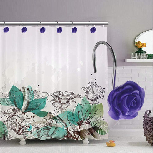 12 PCS Decorative Anti Rust Shower Curtain Hooks, Rose Design Shower Curtain Rings (Purple)