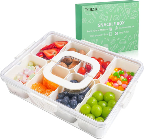 Snackle Box Container, Divided Serving Tray with Lid and Handle, Clear Organizer for Portable Snack Platters