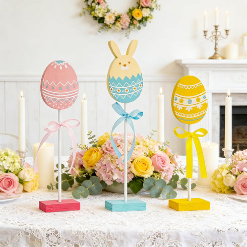 Songjum 3Pcs Easter Egg Bunny Wooden Table Signs Colorful Rabbit Shape Tabletop Centerpieces Tiered Tray Decor Easter