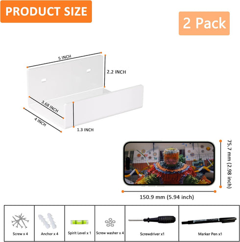 5 Inches 2 Pack, U Shape White Acrylic Wall Shelves Acrylic Small Shelves for Books, Home Dcor, Digital Clock, Speaker