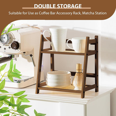 1 2 Countertop Display(Brown,10.2 Inch) Yalikop Pcs Tier Matcha Station Shelf Bamboo Coffee Mug Stand Storage Rack