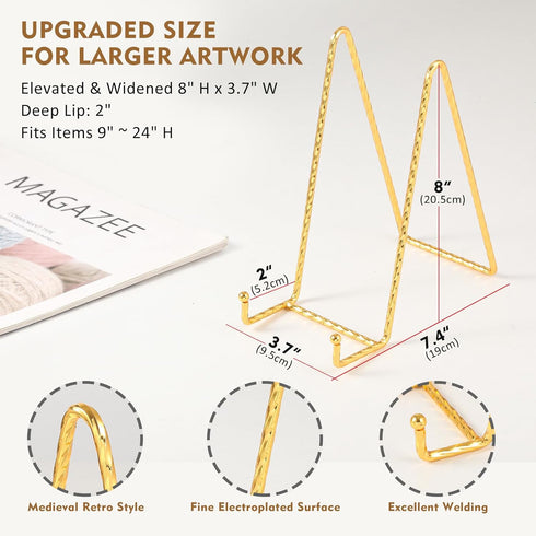 Plate Holder Easel Display Stand - 8 inch Large Plate Stands - Twisted Metal Wire Easels for Displaying Decorative Plates | Picture Frame | Painting | Plaque | Cookbook | Canvas Art - 3 Pack - Gold