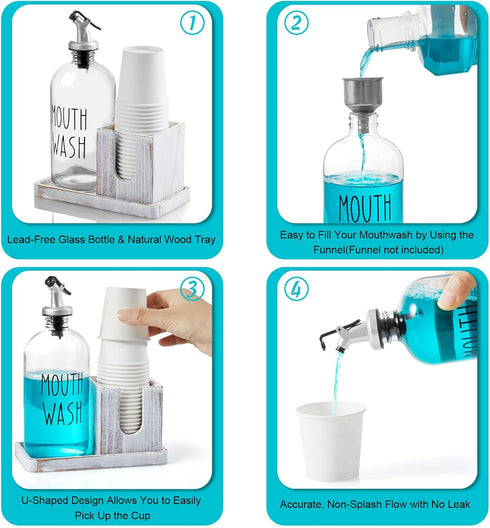 16 OZ Glass Mouthwash Dispenser for Bathroom, Mouthwash Dispenser with Pour Spout and White Washed Wood Cup Holder