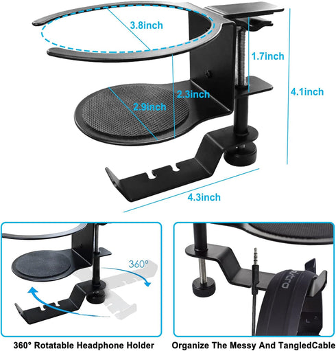 LBTING 2-in-1 Adjustable & 360 Rotating Office Gaming Accessories, Under Desk Headphone Stand, Black