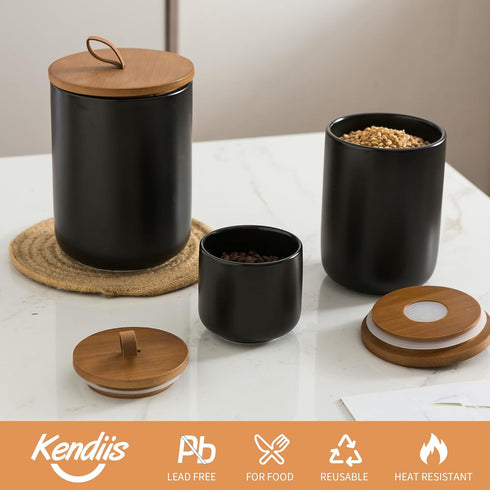 Canister Sets for Kitchen, Black Ceramic Kitchen Canisters with Airtight Wood Lids, Set of 3 for Flour and Sugar