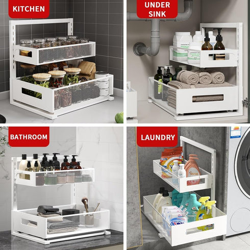 Adjustable Height Under Sink Organizer, 2 Tier Bathroom Storage, Pull Out Cabinet Organizer, White, XL - 1 Pack