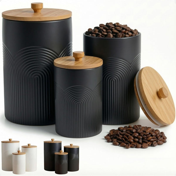 Ceramic Kitchen Canisters for Countertop Set of 3 with Airtight Bamboo Lids